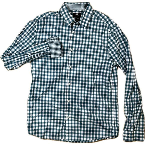 H&M Teal Green & White Gingham Check Long Sleeve Button Down Shirt Mens Medium - Picture 2 of 8